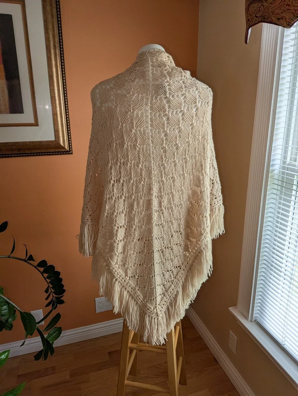 Cream Knitting Fringe Shawl Boho Wrap - Brand Length 71” inches